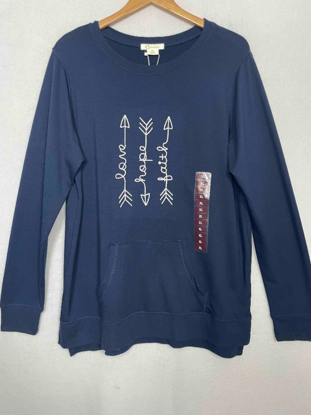 C Wonder NWT Navy Embroidered Long Sleeve Tunic Love Hope Faith Womens Size XL